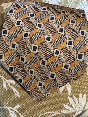 Guess Geometric Vintage Silk Tie in Mustard, Navy, and Beige